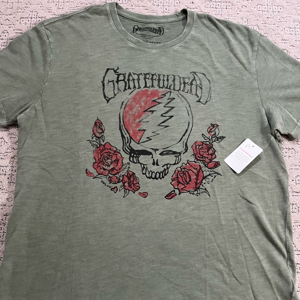 🐢 '24 Grateful Dead Band Water Color Style Stealy Rose Retro Army Green New Tee